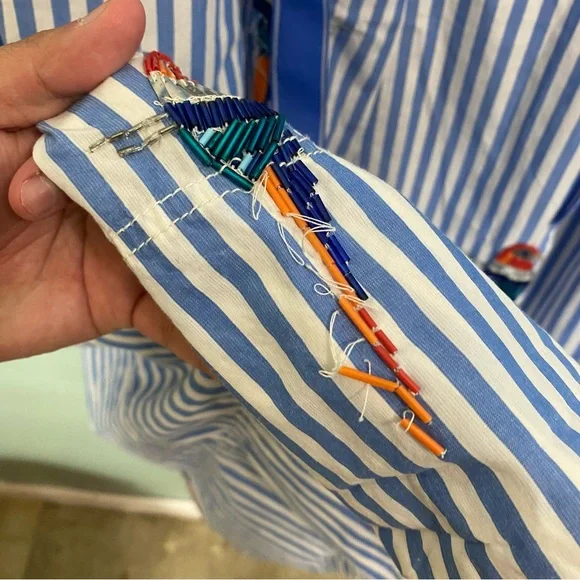 Anthropologie Maeve Tie Back A Line Maxi Dress Striped Blue Beaded Birds 24W - Picture 16 of 16